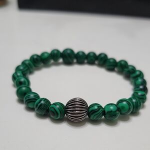 Malachite Natural Stone Green Bracelet W/Silver Accent Hand Crafted 8" Elastic